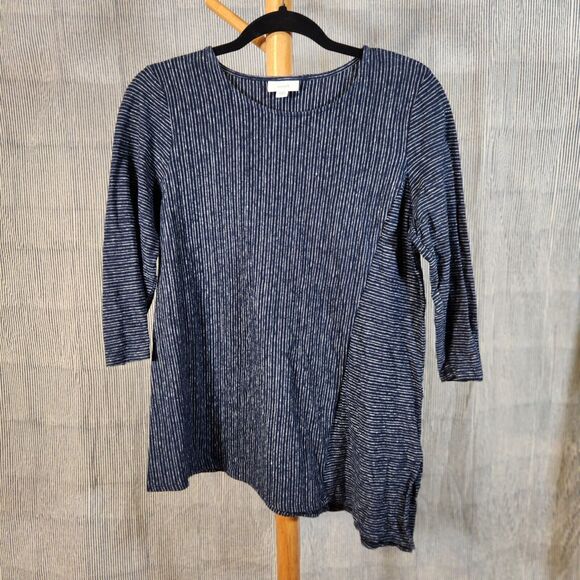 J.Jill $69 Medium Navy White Stripe Hemp Cotton Asymmetric Split Hem Tunic - Picture 1 of 11